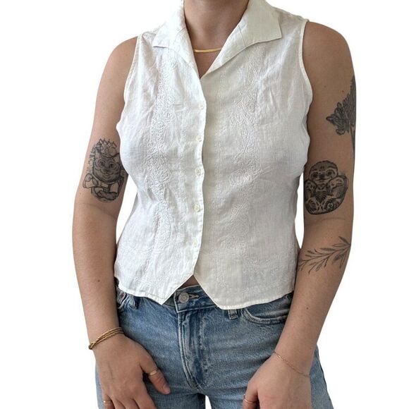 Vintage Valerie Stevens 100% Linen White Sleeveless Button up Blouse Petite M - Picture 1 of 6